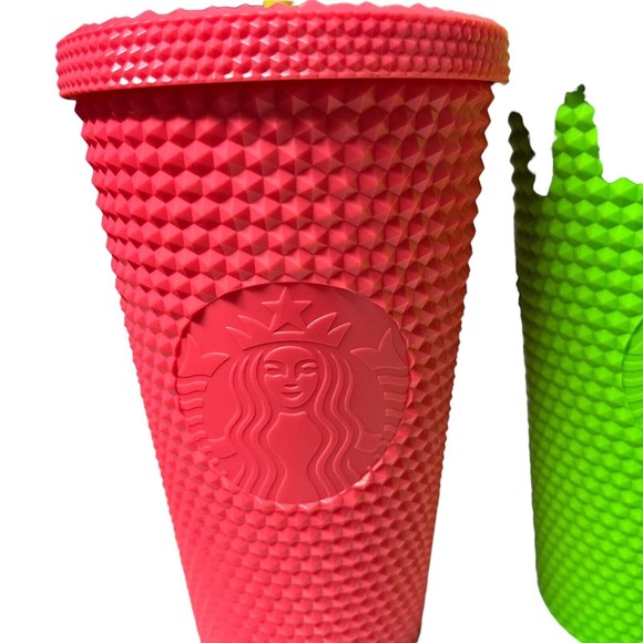 NEW Set of 2 Starbucks Grande Tumblers Neon Green Studded & Dragonfruit Studded - Picture 3 of 5